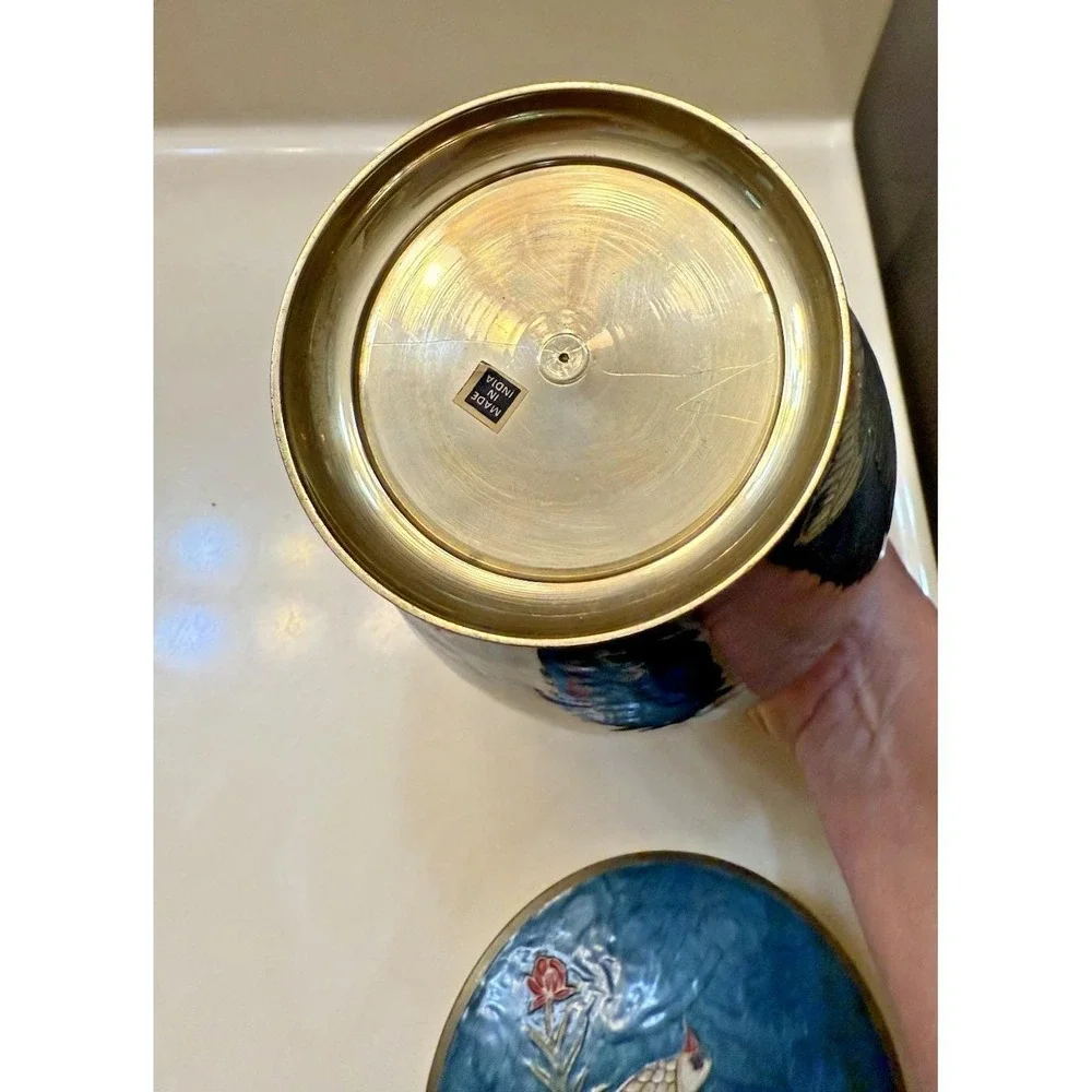 Vintage Brass Enameled Vase and Trinket Jewelry Box Birds w/Roses Peace India